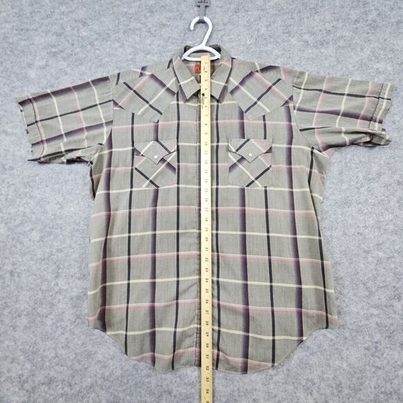 Ely Plains Men's XL Pearl Snap Short Sleeve Shirt Gray Windowpane WITH PINHOLES‎ - Picture 10 of 13